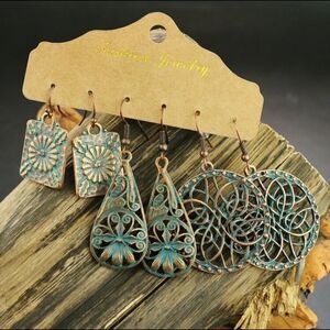 Fashion Jewelry Patina Brass Earring Trio